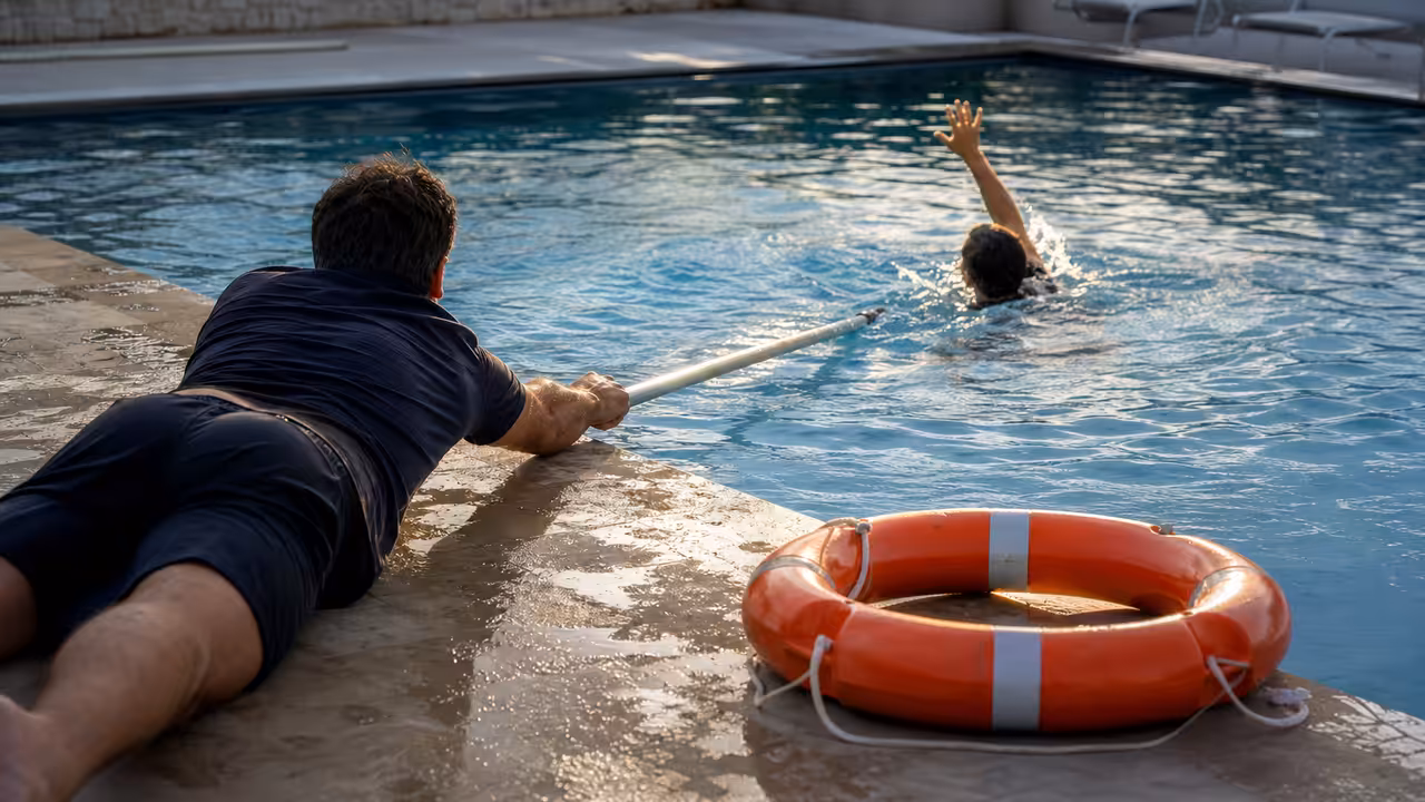 Adulte au bord d’une piscine tendant une perche de sauvetage vers un nageur en difficulté