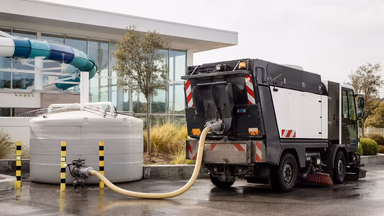 Balayeuse municipale nettoyant un trottoir près d’un centre aquatique sous une lumière méditerranéenne