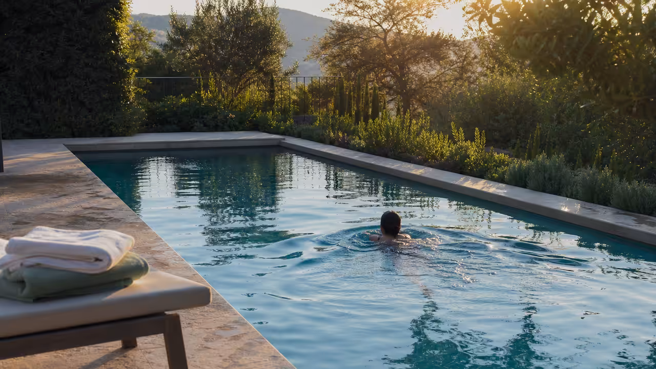 Adulte nageant paisiblement dans une piscine extérieure aux abords végétalisés, en lumière de fin de journée