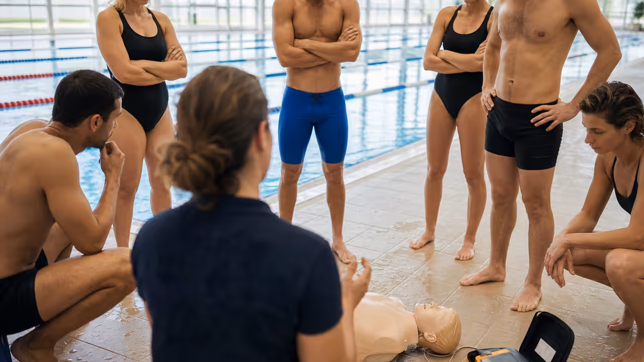Formation aux premiers secours au bord d’un bassin avec mannequin de réanimation et défibrillateur