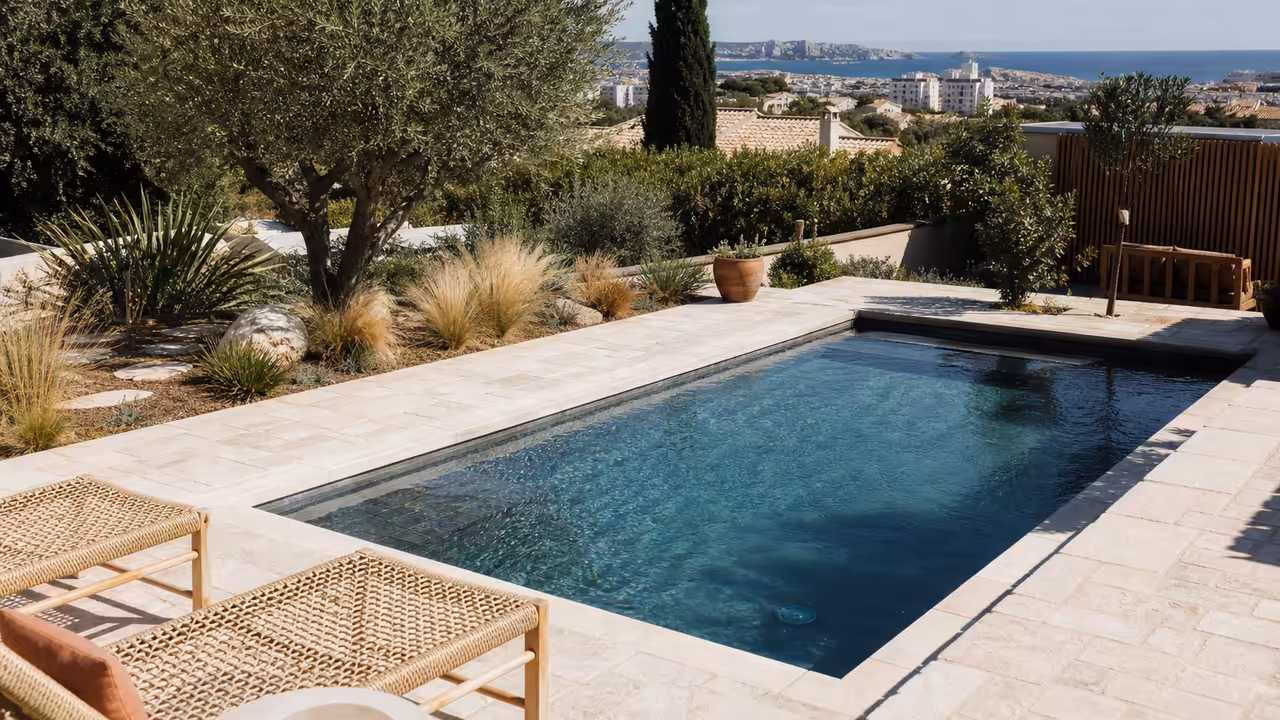 Bassin contemporain compact bordé de plantes méditerranéennes et d’une terrasse minérale dans un jardin marseillais