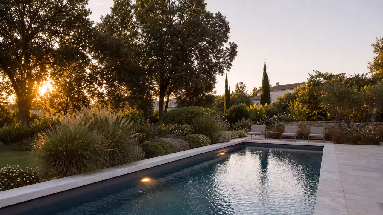 Piscine rectangulaire entourée d’une terrasse minérale, de graminées et d’arbustes dans un jardin paysager