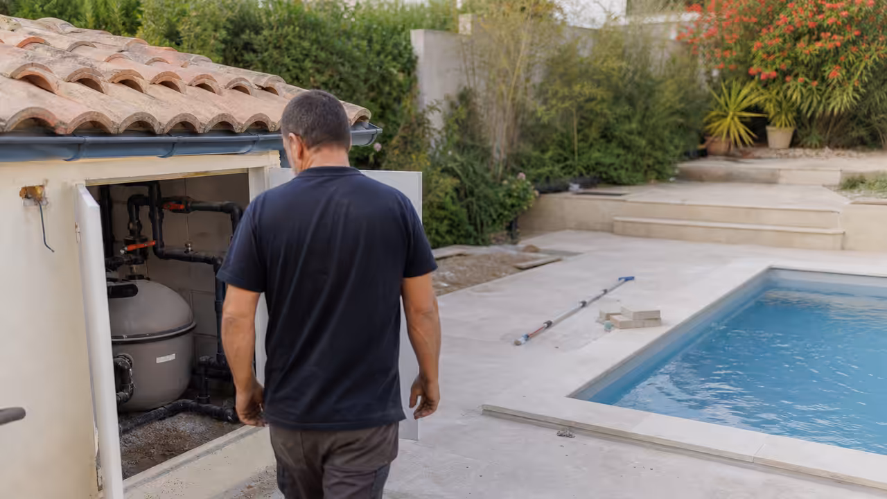 Technicien contrôlant le local technique d'une piscine rénovée, avec filtre et pompe visibles