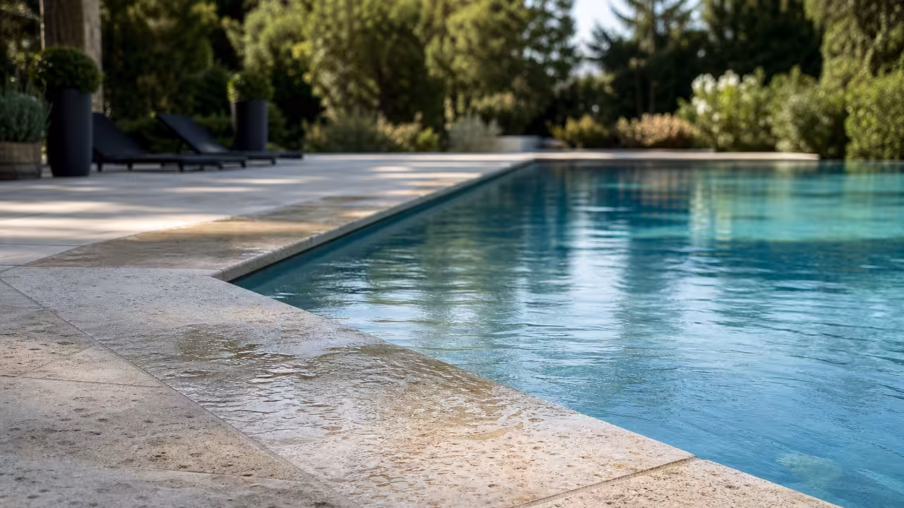 Margelles en pierre naturelle claire posées autour d’une piscine, avec terrasse minérale et eau calme