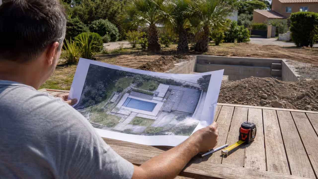 Propriétaire consultant un plan de piscine et de terrasse sur une table de jardin avant les travaux