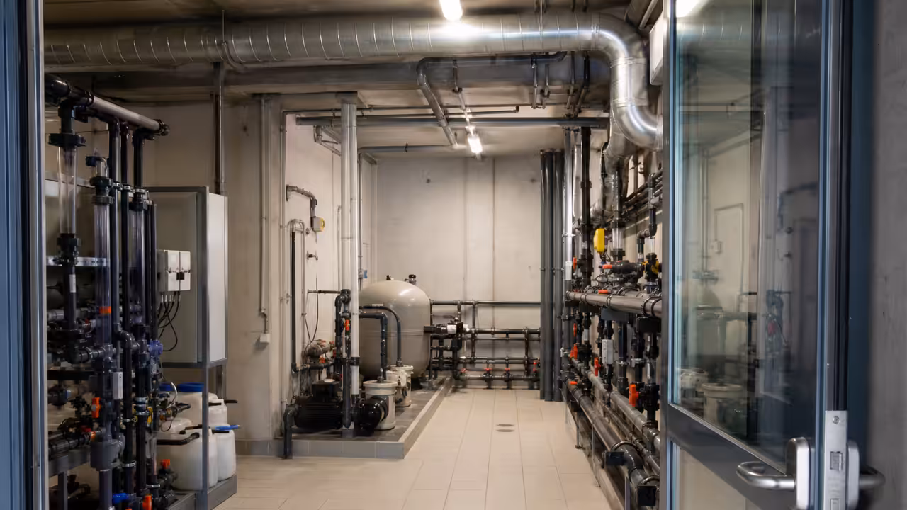 Local technique ventilé d’une piscine publique avec canalisations et équipements de traitement de l’eau
