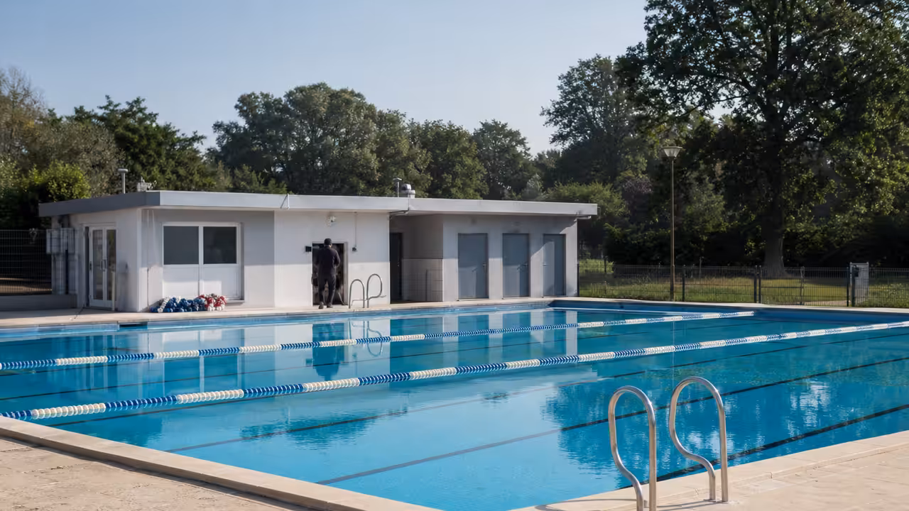 Bassin extérieur d’une piscine communale vide, avec lignes d’eau et bâtiment technique en arrière-plan