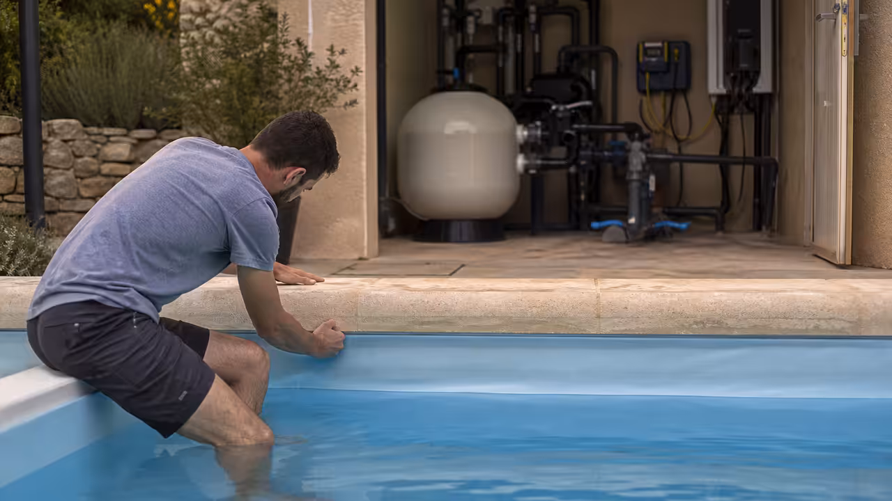 Technicien contrôlant le revêtement et le local technique d’une piscine privée lors d’une rénovation