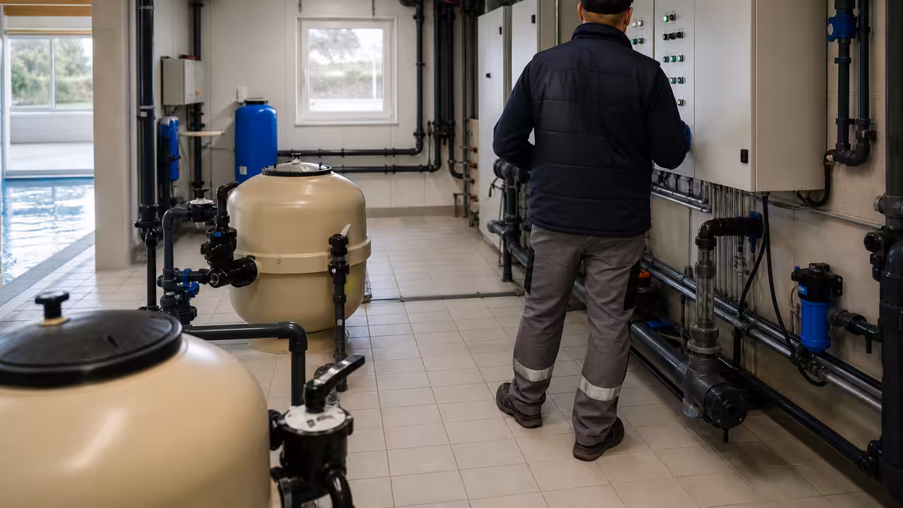 Technicien contrôlant une armoire électrique dans le local technique d’une piscine publique vide