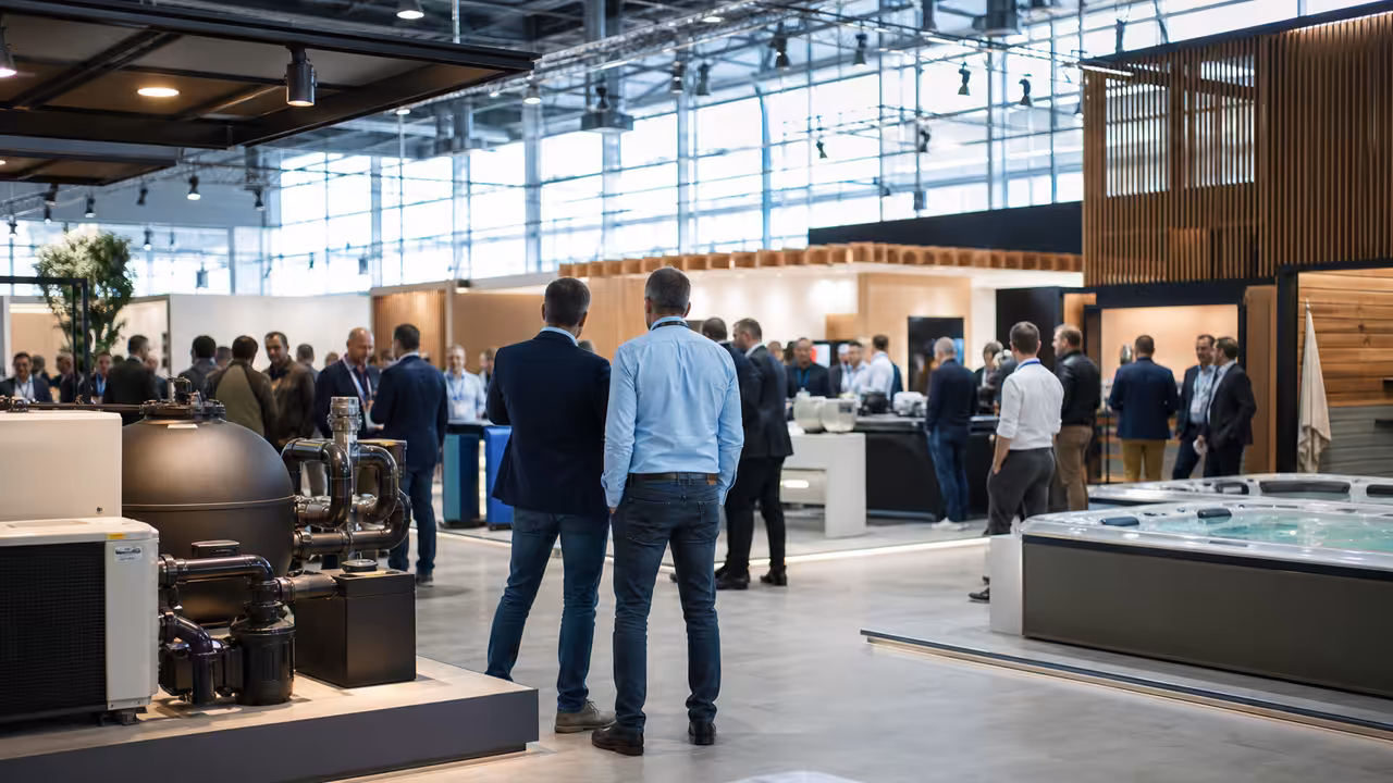 Allée d'un salon professionnel de la piscine avec équipements de filtration, spa et stands techniques à Cologne