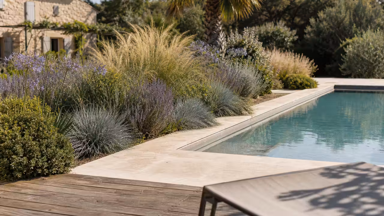 Massif de graminées, lavandins et agapanthes aménagé au bord d’une piscine contemporaine