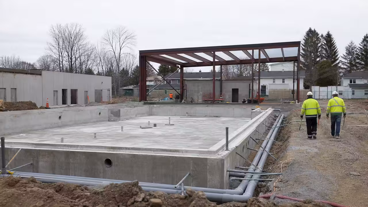 Chantier d’un centre aquatique avec structure de bassin, réseaux techniques et ouvriers au travail