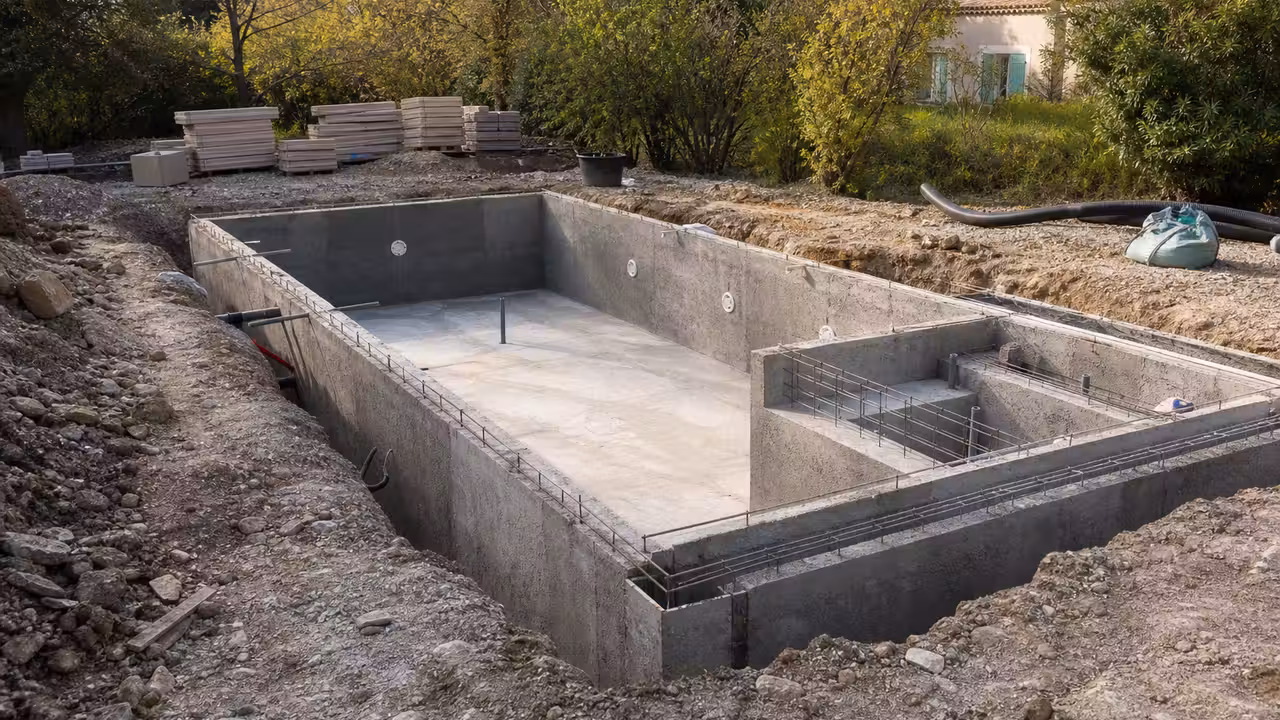 Bassin rectangulaire en béton en cours de construction avec armatures et parois coffrées dans un jardin