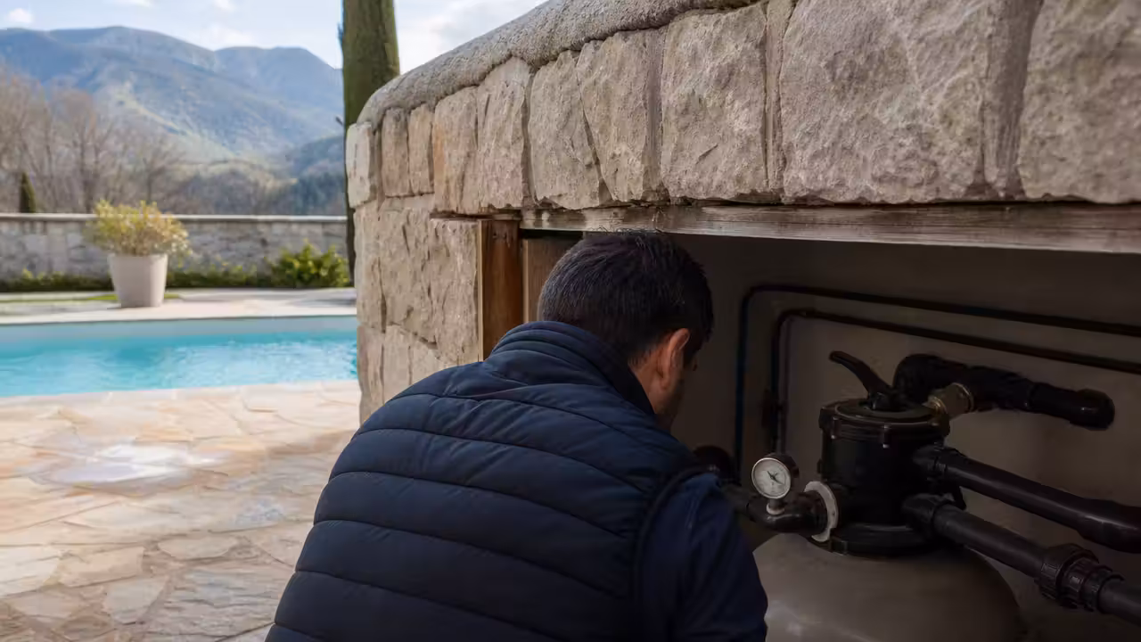 Technicien inspectant le local technique et la filtration d’une piscine privée en rénovation