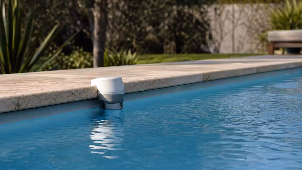 Alarme immergée installée sur la margelle d’une piscine familiale entourée d’une terrasse en pierre.