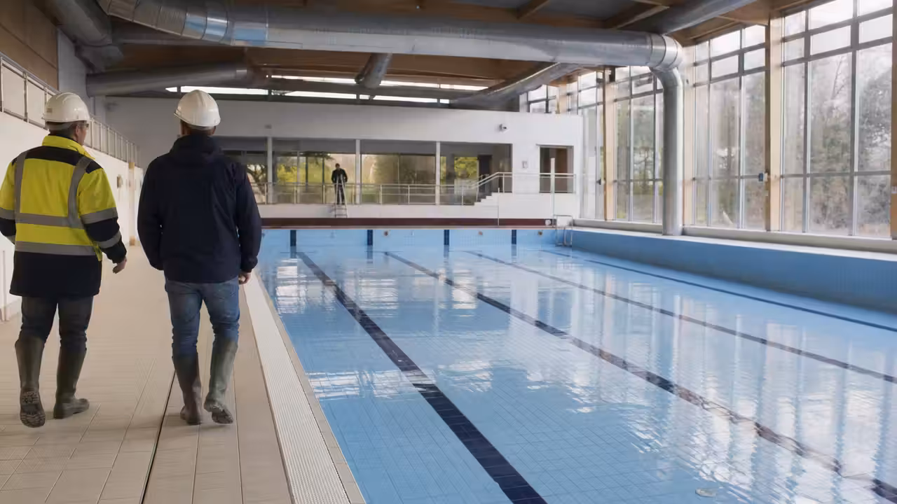 Bassin couvert municipal vide, avec lignes d’eau, baies vitrées et équipements techniques rénovés