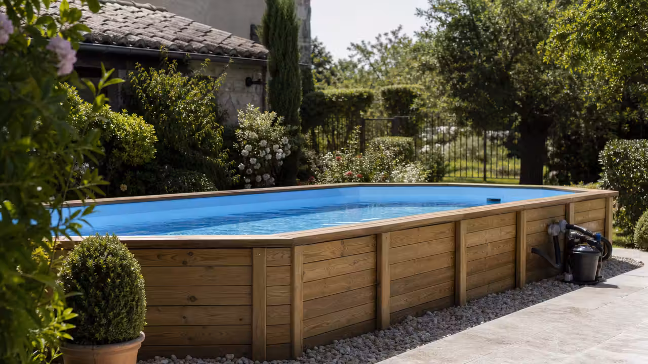 Piscine hors-sol rectangulaire à structure bois installée sur une terrasse dans un jardin paysager