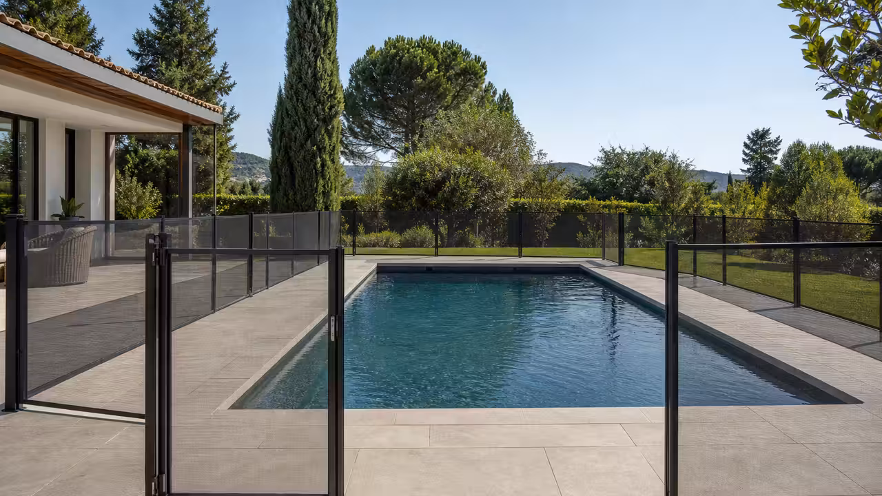 Barrière de sécurité escamotable déployée autour d’une piscine sur une terrasse minérale contemporaine