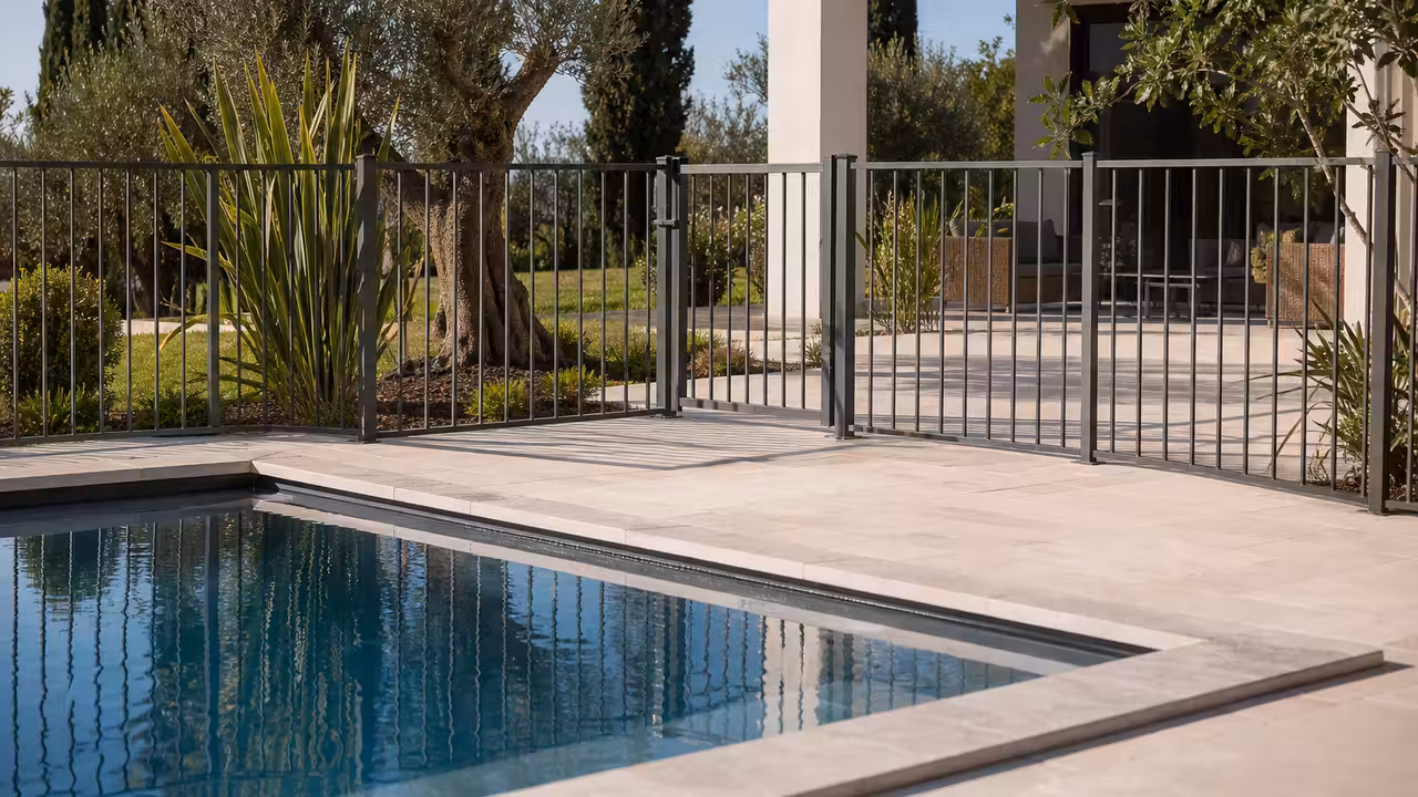 Barrière fixe en aluminium avec portillon sécurisant l’accès à une piscine familiale sur terrasse