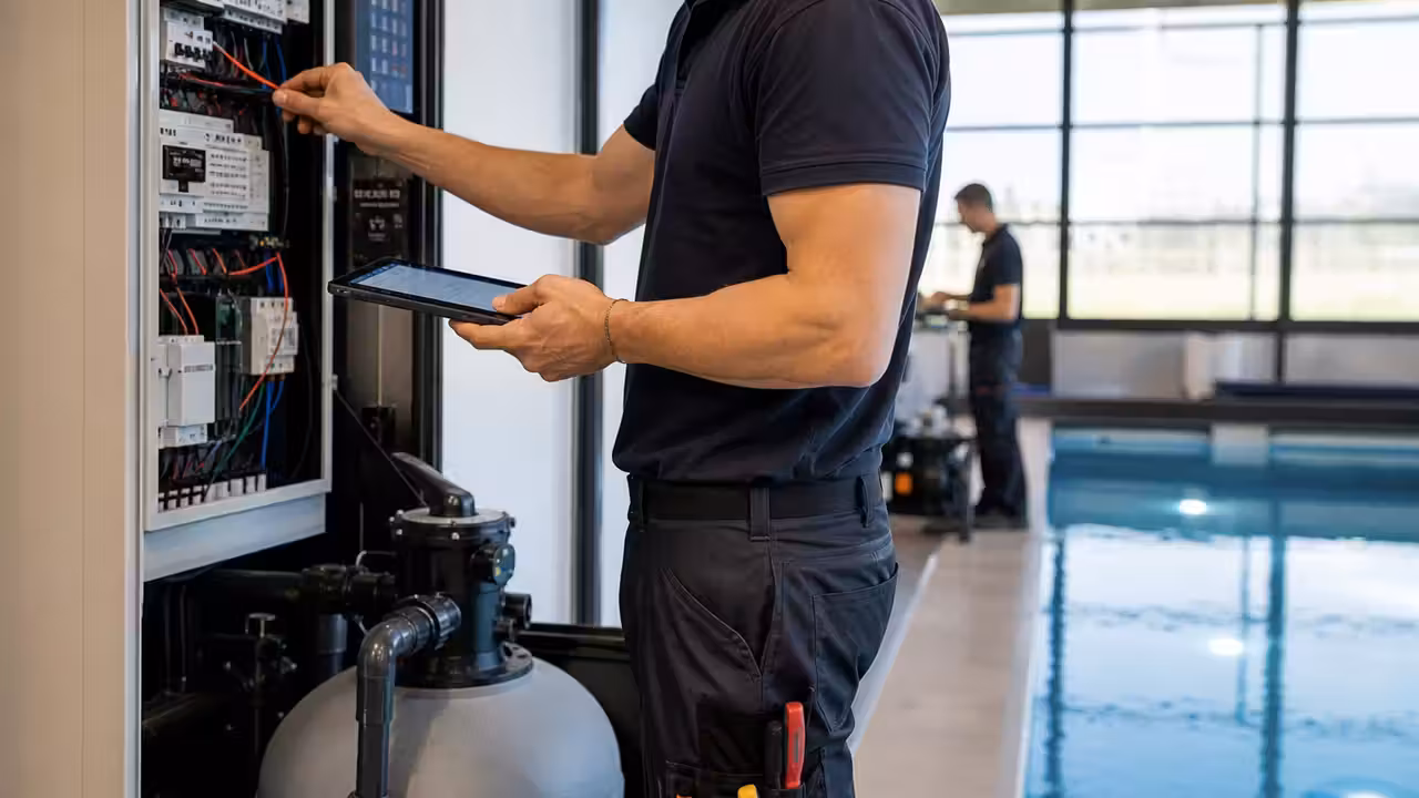 Technicien en formation réglant un coffret connecté près d’un bassin de piscine intérieure