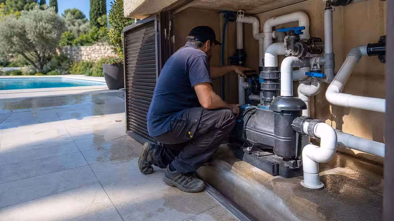 Technicien contrôlant le circuit de filtration d’une piscine extérieure avec une pompe à vitesse variable