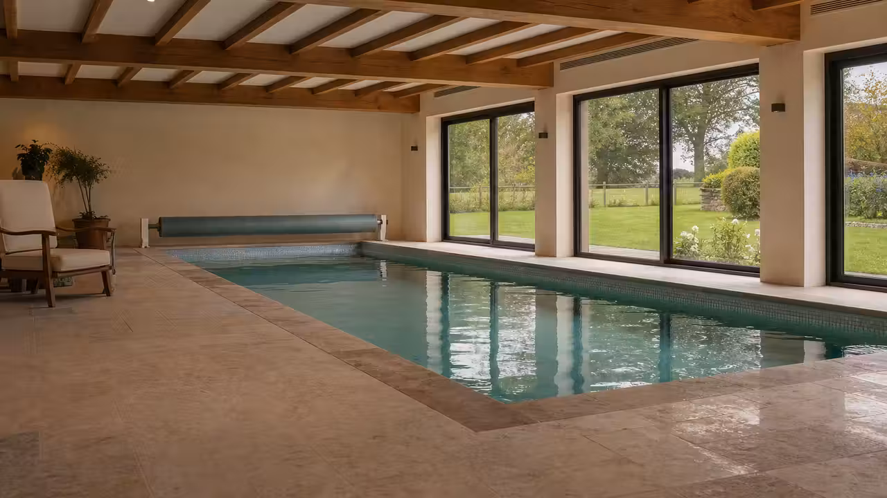 Piscine intérieure chauffée dans une maison de campagne, avec baie vitrée, charpente apparente et margelles claires