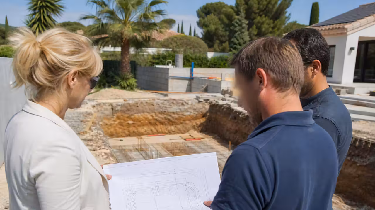 Professionnel et propriétaires examinant les plans d’une piscine sur un chantier en terrassement