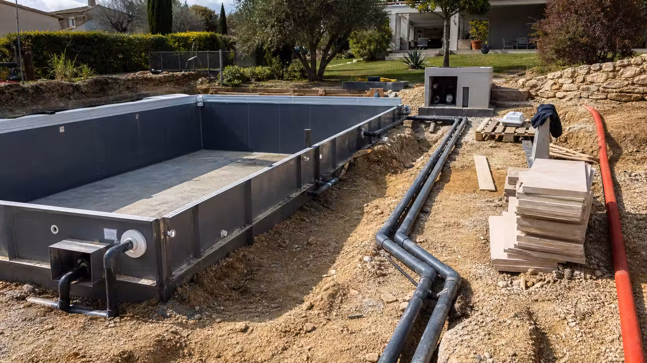 Chantier d’une piscine enterrée avec structure en kit et matériel de filtration prêt à être installé