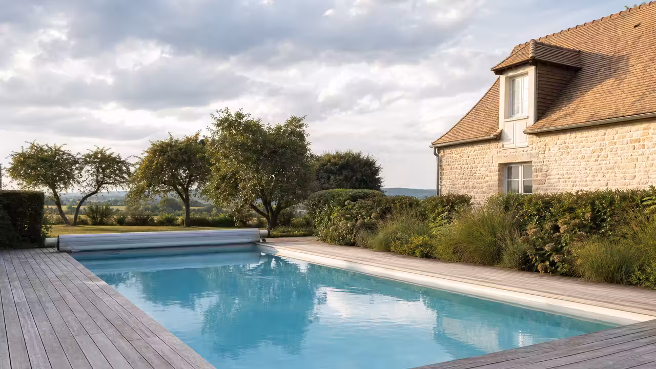 Piscine extérieure sécurisée au bord d'une maison normande avec terrasse en bois et jardin verdoyant