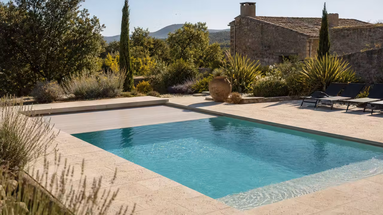 Piscine familiale couverte dans un jardin sec, avec végétaux méditerranéens et eau claire en été