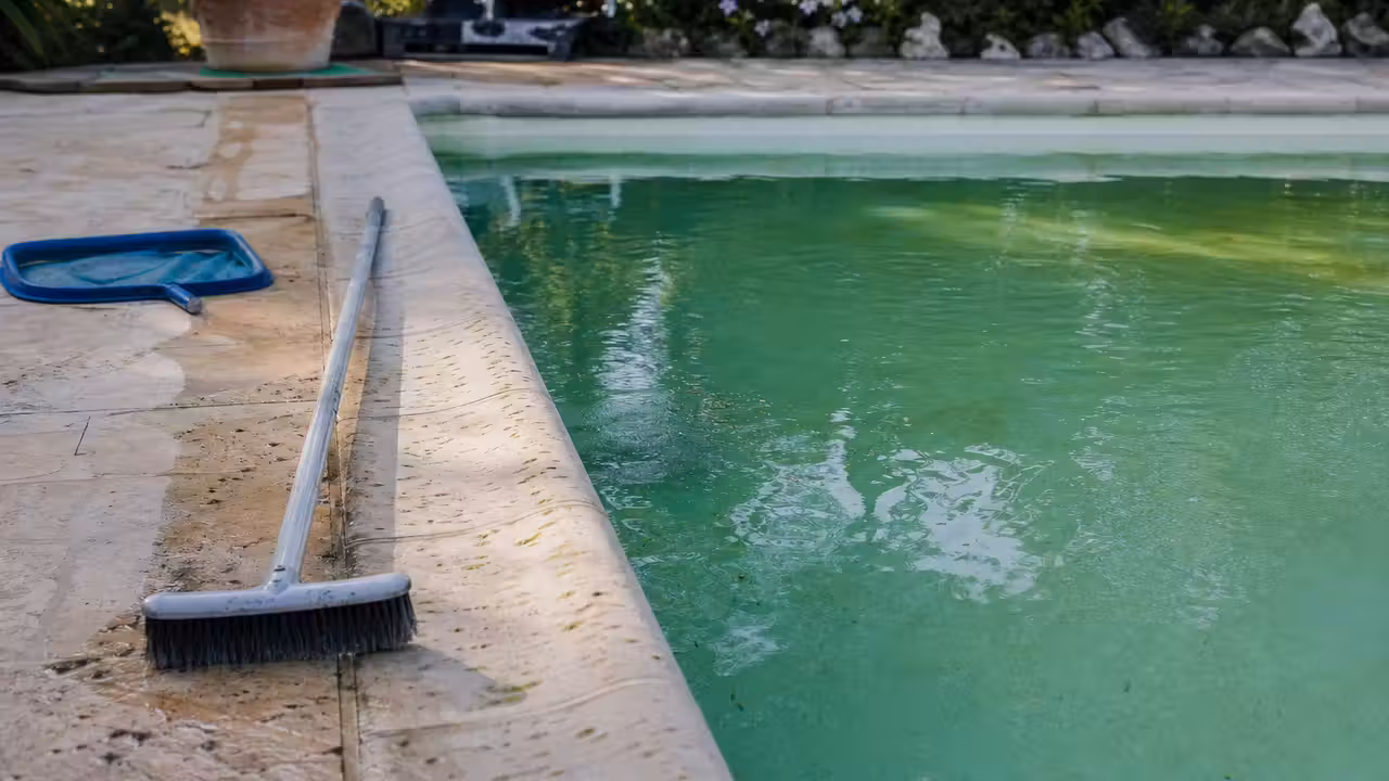 Piscine privée à l’eau verte en cours de nettoyage, avec brosse de paroi et filtration en marche