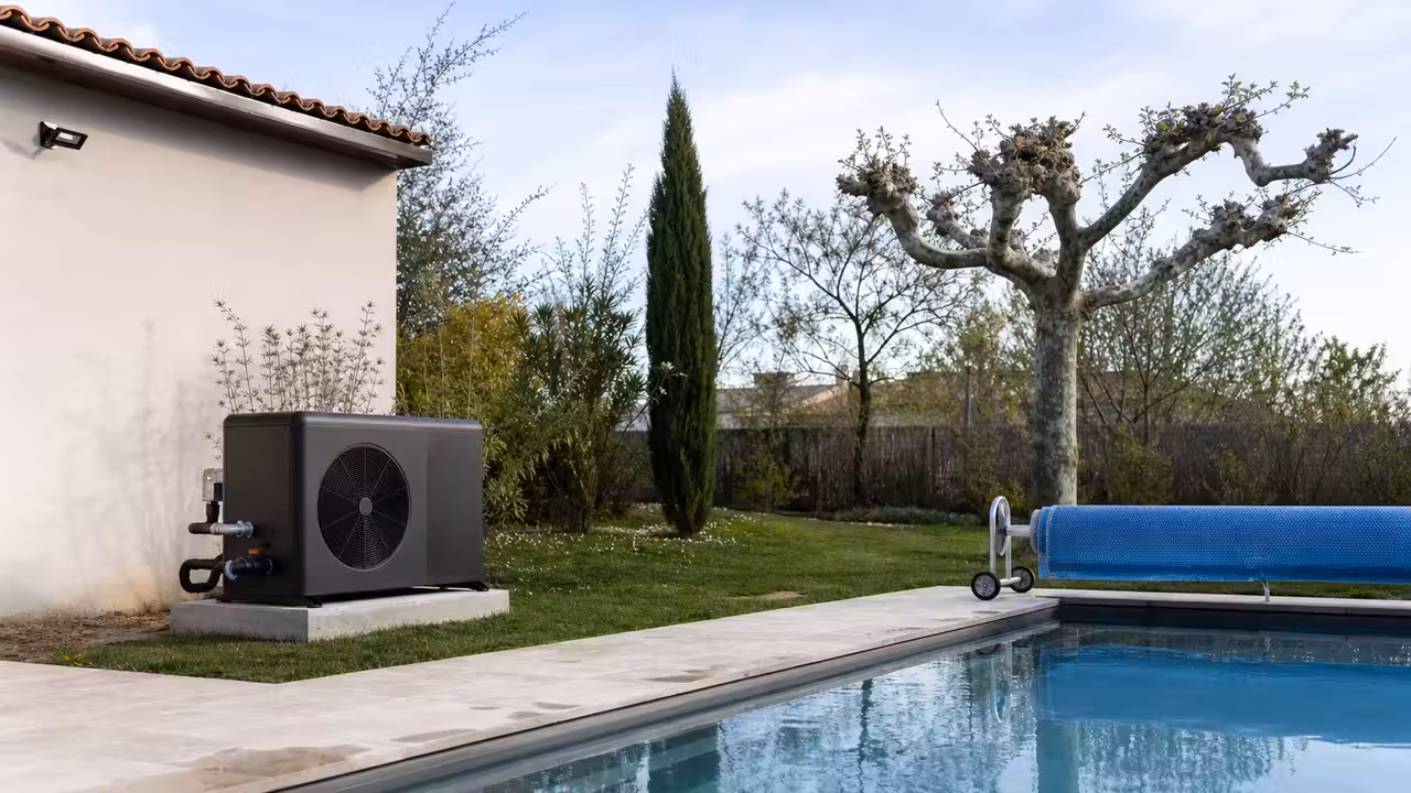 Pompe à chaleur installée près d’une piscine extérieure, avec couverture thermique enroulée au bord du bassin