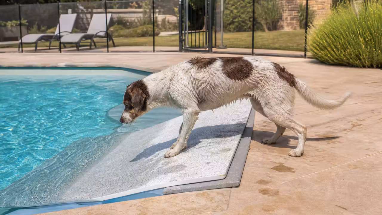Un chien près d’une rampe de sortie antidérapante au bord d’une piscine sécurisée par une barrière