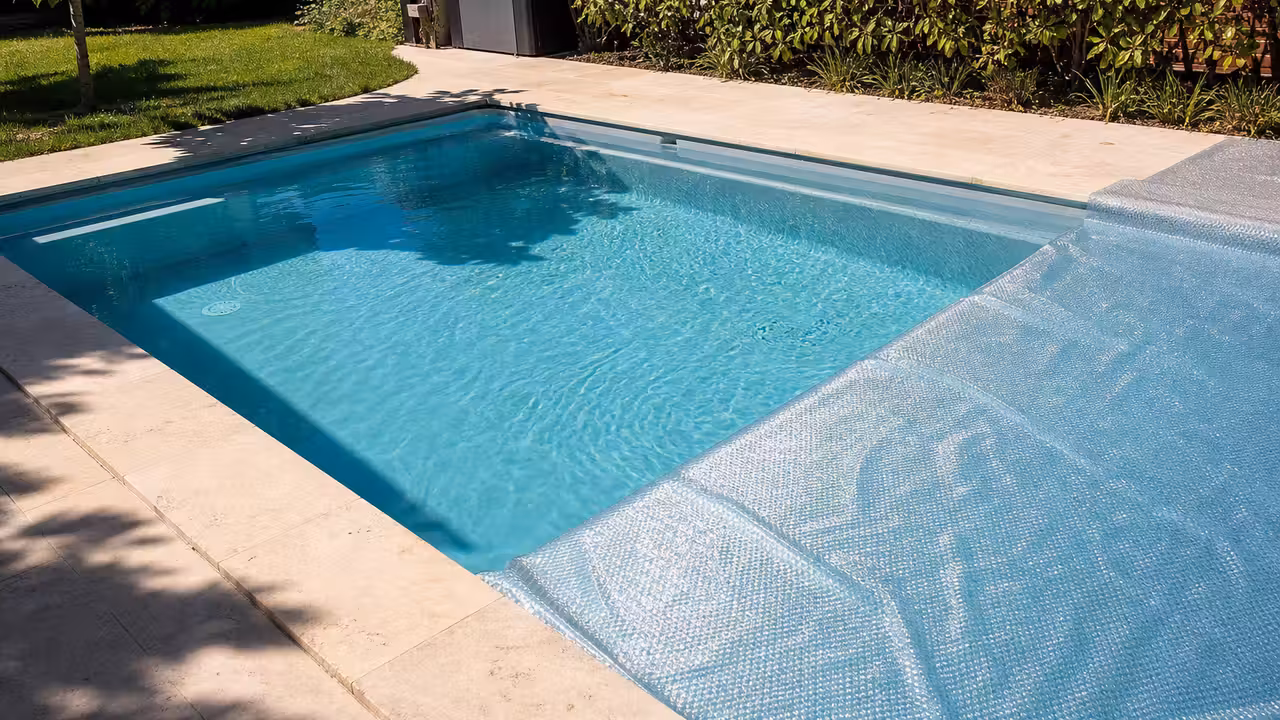Piscine rectangulaire compacte couverte par une bâche à bulles, avec local technique discret et terrasse sobre.