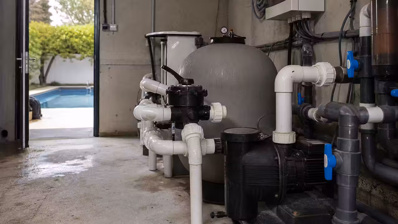 Pompe de filtration installée dans un local technique propre, reliée au filtre et aux canalisations d’une piscine