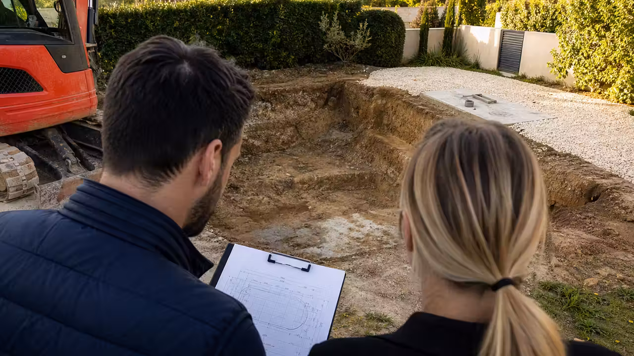 Propriétaires examinant un devis de piscine près d’un bassin en construction dans leur jardin