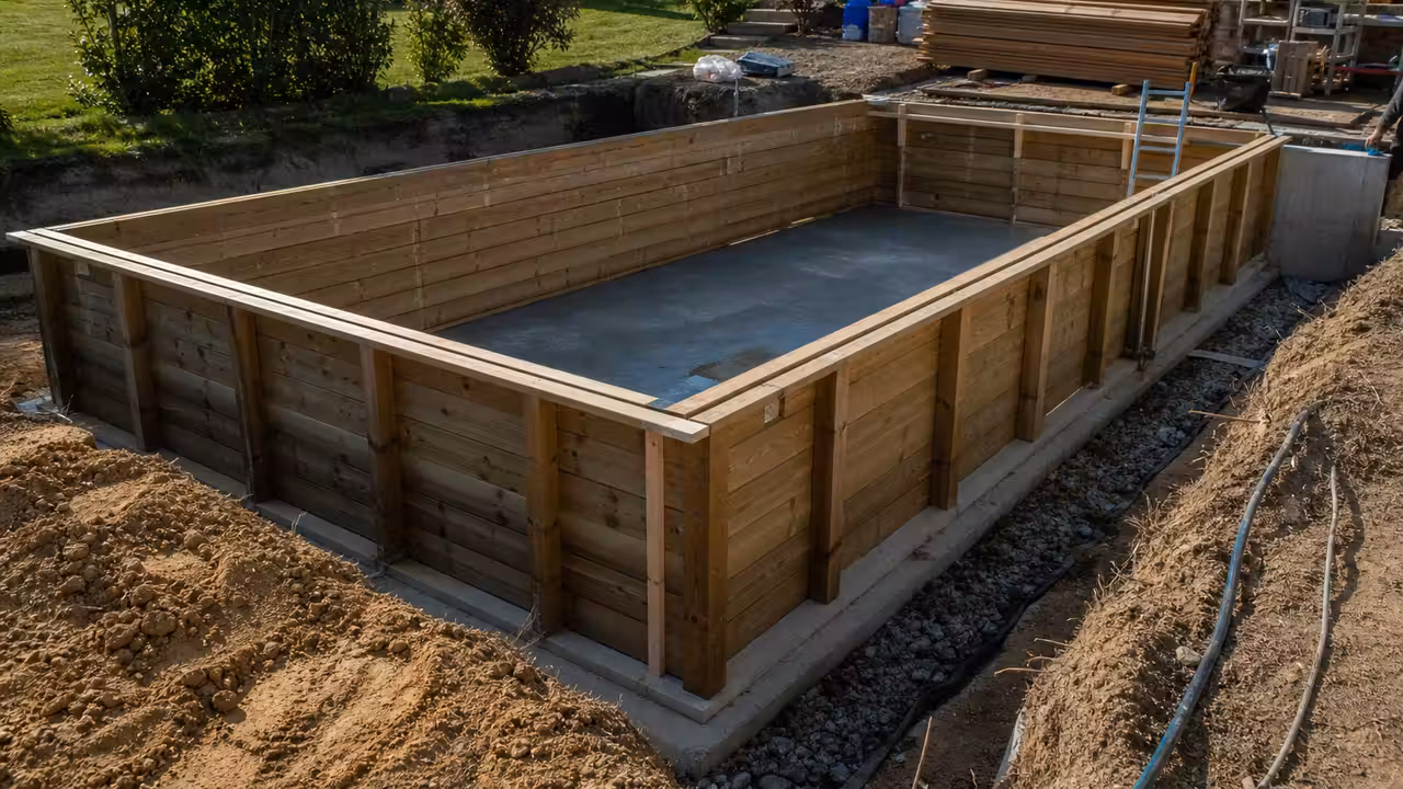 Piscine en bois semi-enterrée en cours d’installation dans un jardin avec dalle et drainage périphérique
