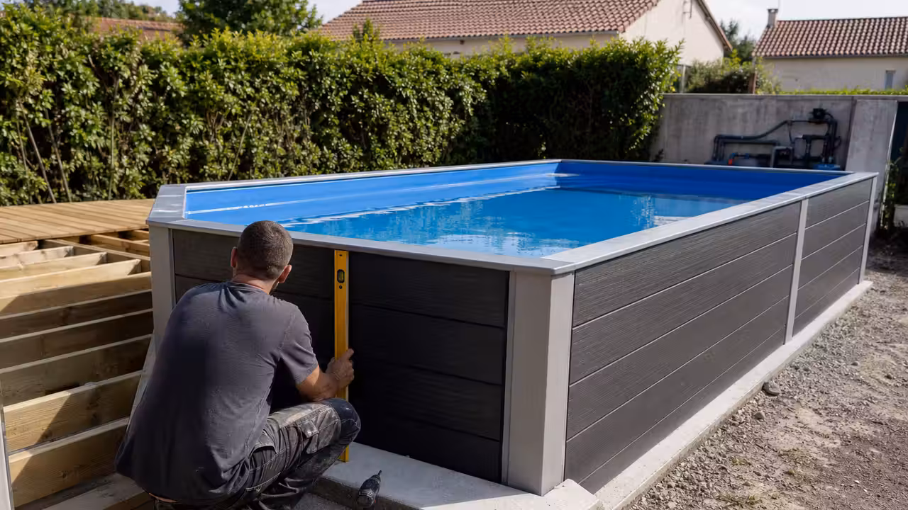 Piscine coque hors sol posée sur dalle, avec terrasse bois et local technique discret dans un jardin.