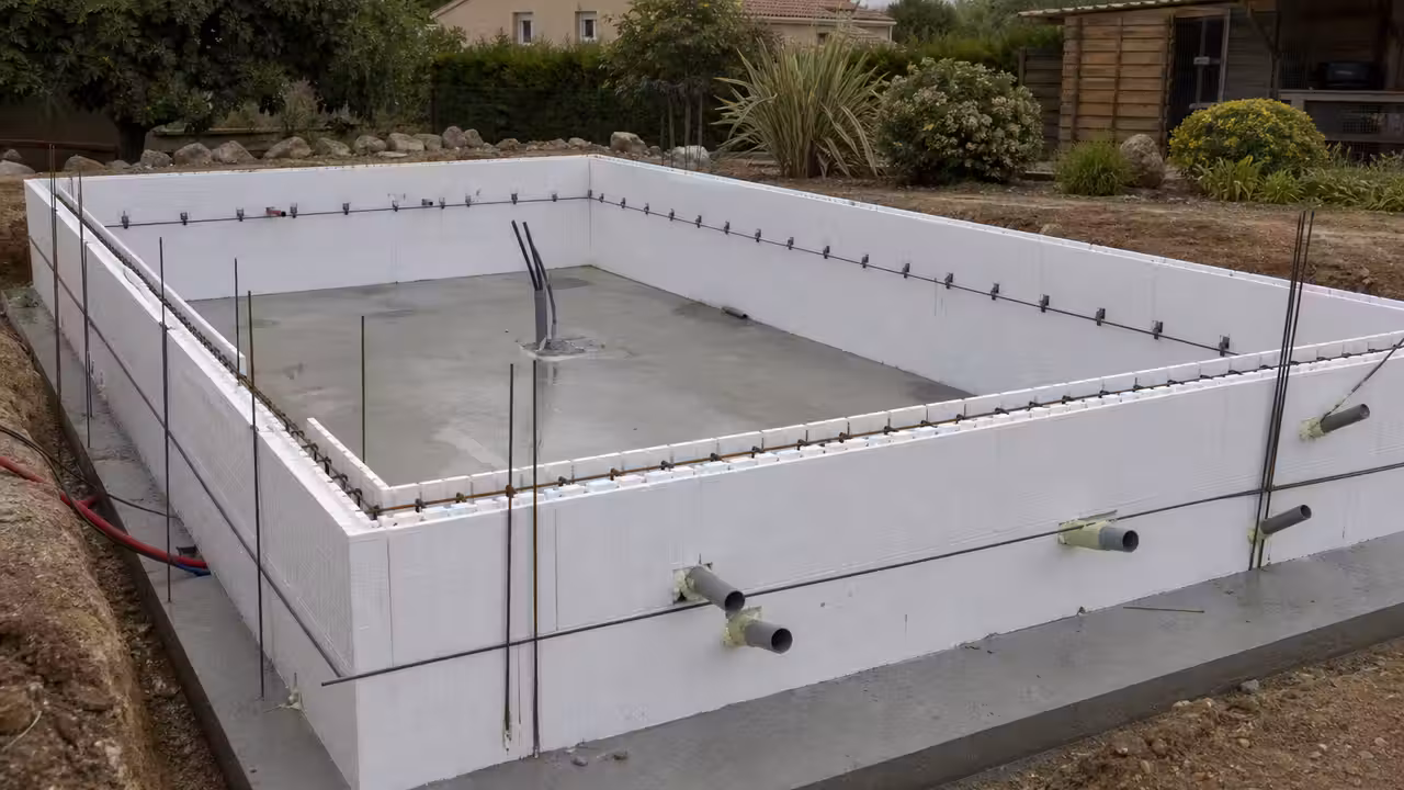 Montage de parois de piscine en blocs de polystyrène sur un radier en béton avant coulage