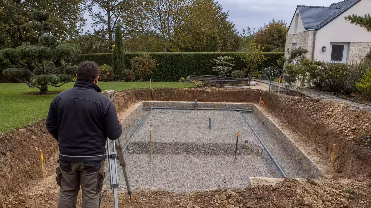 Piscine en cours de construction dans un jardin résidentiel, avec terrassement et repérage des niveaux du terrain
