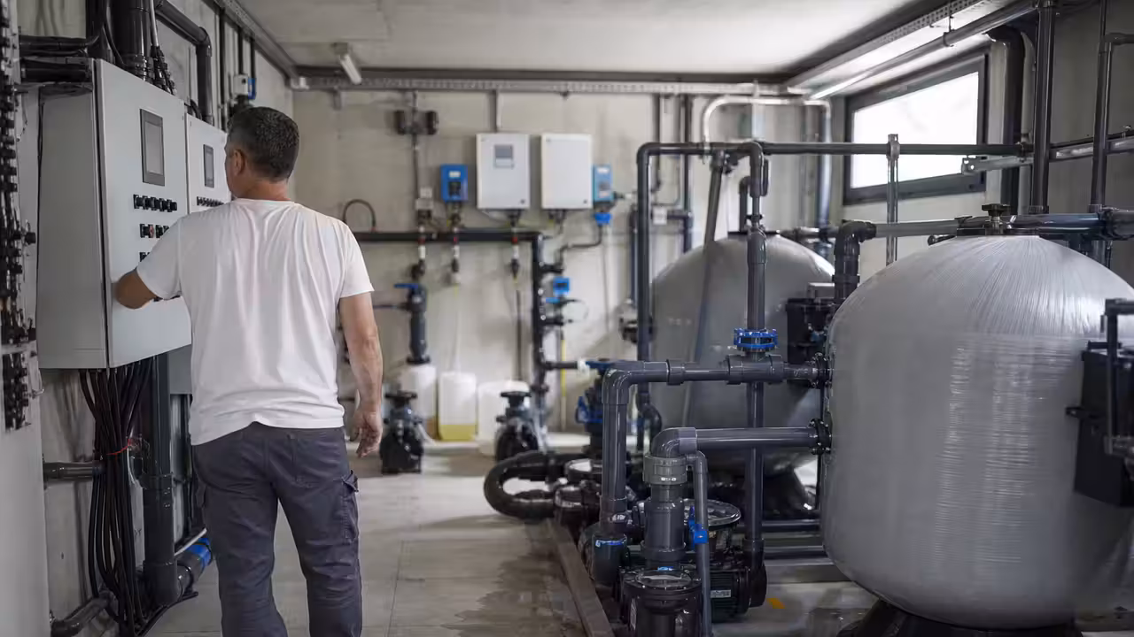 Local technique de piscine publique avec pompes, filtres et coffret de régulation du traitement de l’eau