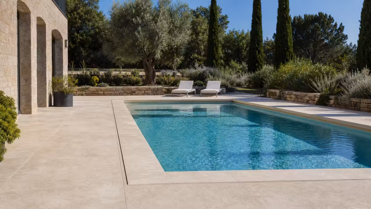 Plage de piscine en grès cérame clair avec transats, margelles et évacuation discrète de l’eau