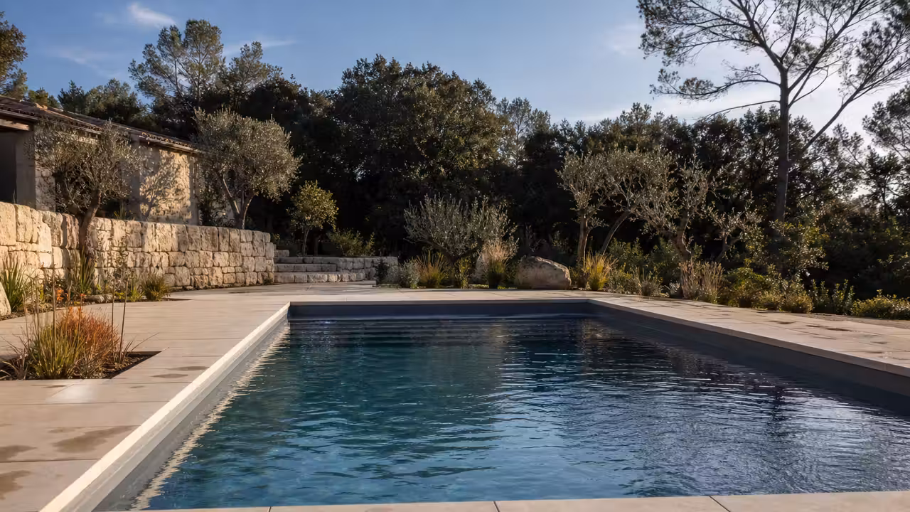 Piscine contemporaine avec membrane gris minéral, margelles en pierre claire et terrasse en grès cérame