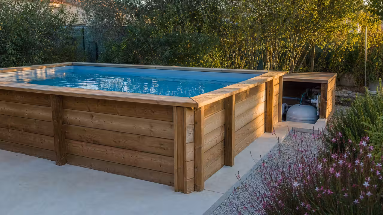 Piscine hors-sol rigide en bois installée sur une dalle sobre dans un jardin paysager et dégagé