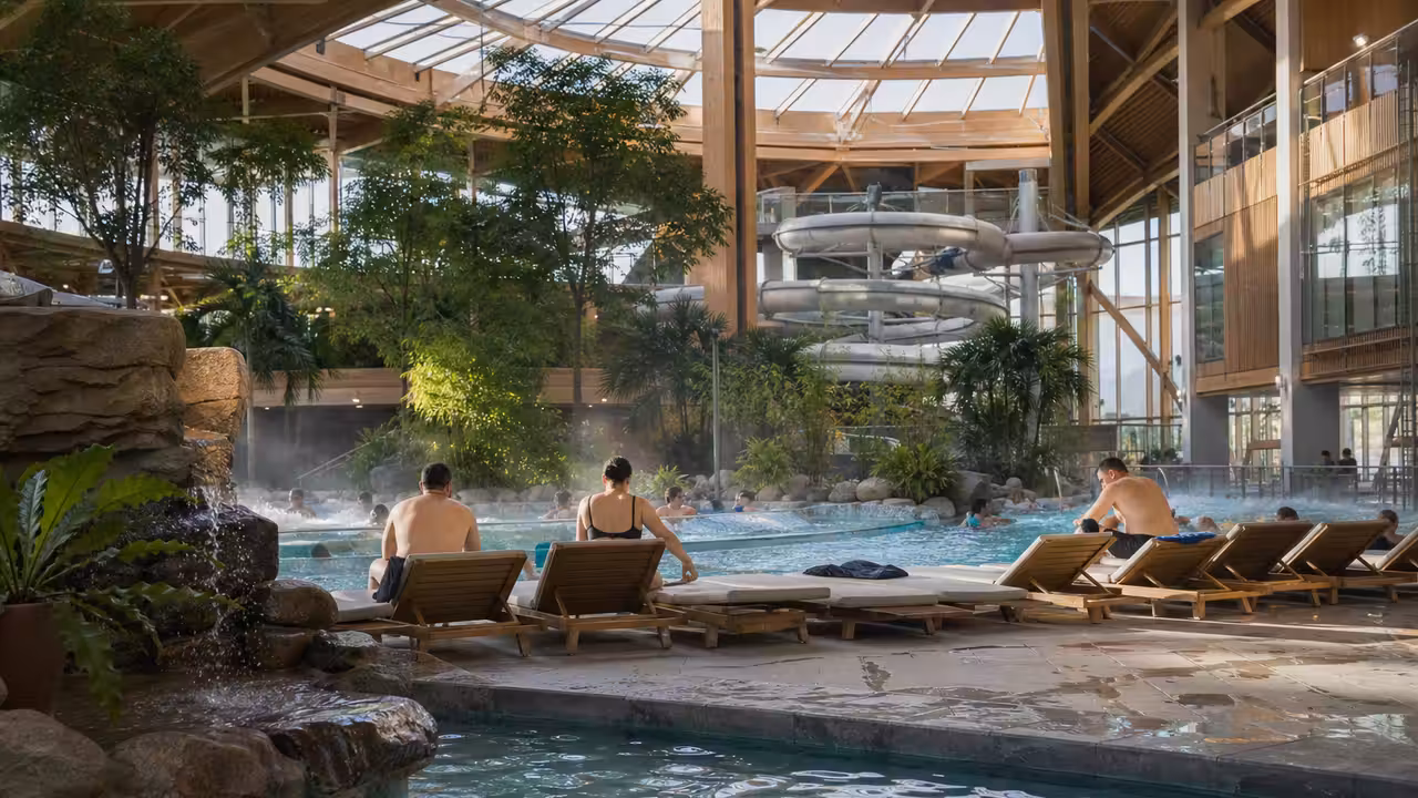 Grand hall aquatique vitré avec bassins, végétation intérieure et visiteurs vus de loin sur les plages