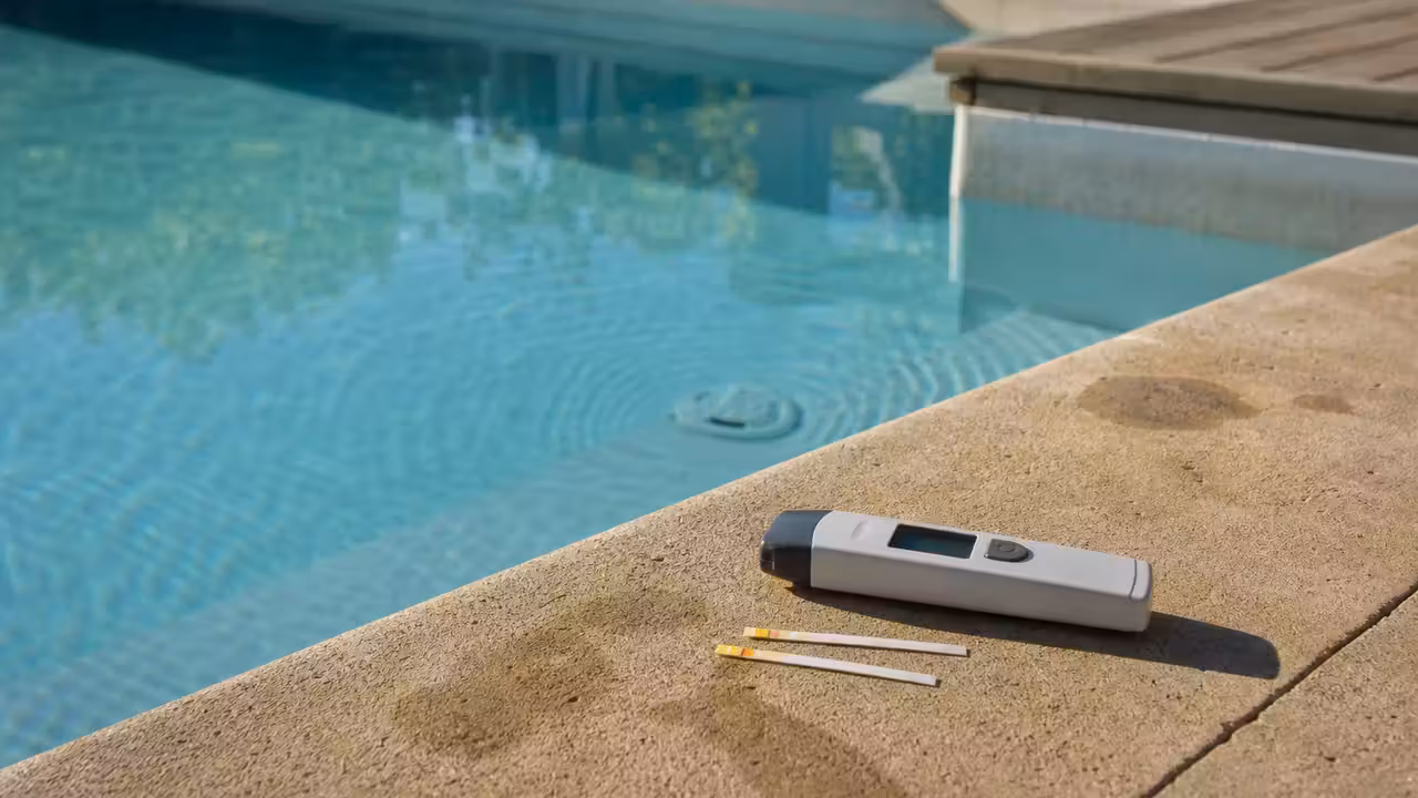 Testeur électronique et bandelettes d’analyse posés sur la margelle d’une piscine privée à l’eau claire