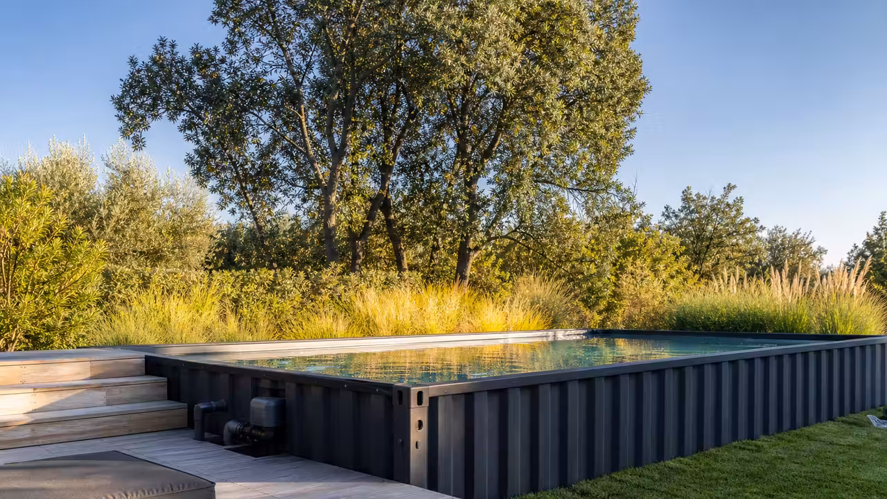 Piscine container noire posée sur une terrasse en bois dans un jardin contemporain et arboré