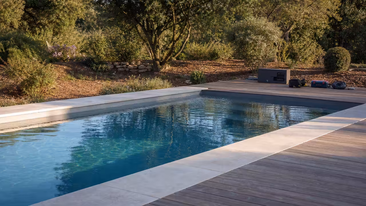 Bassin privé contemporain en chantier avec margelles posées et équipement de filtration accessible au bord de l’eau