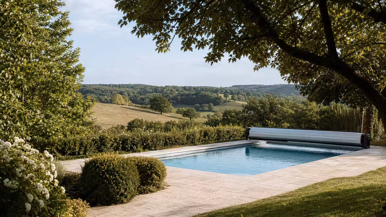 Piscine enterrée intégrée à un jardin périgourdin avec terrasse en pierre, couverture et végétation sobre