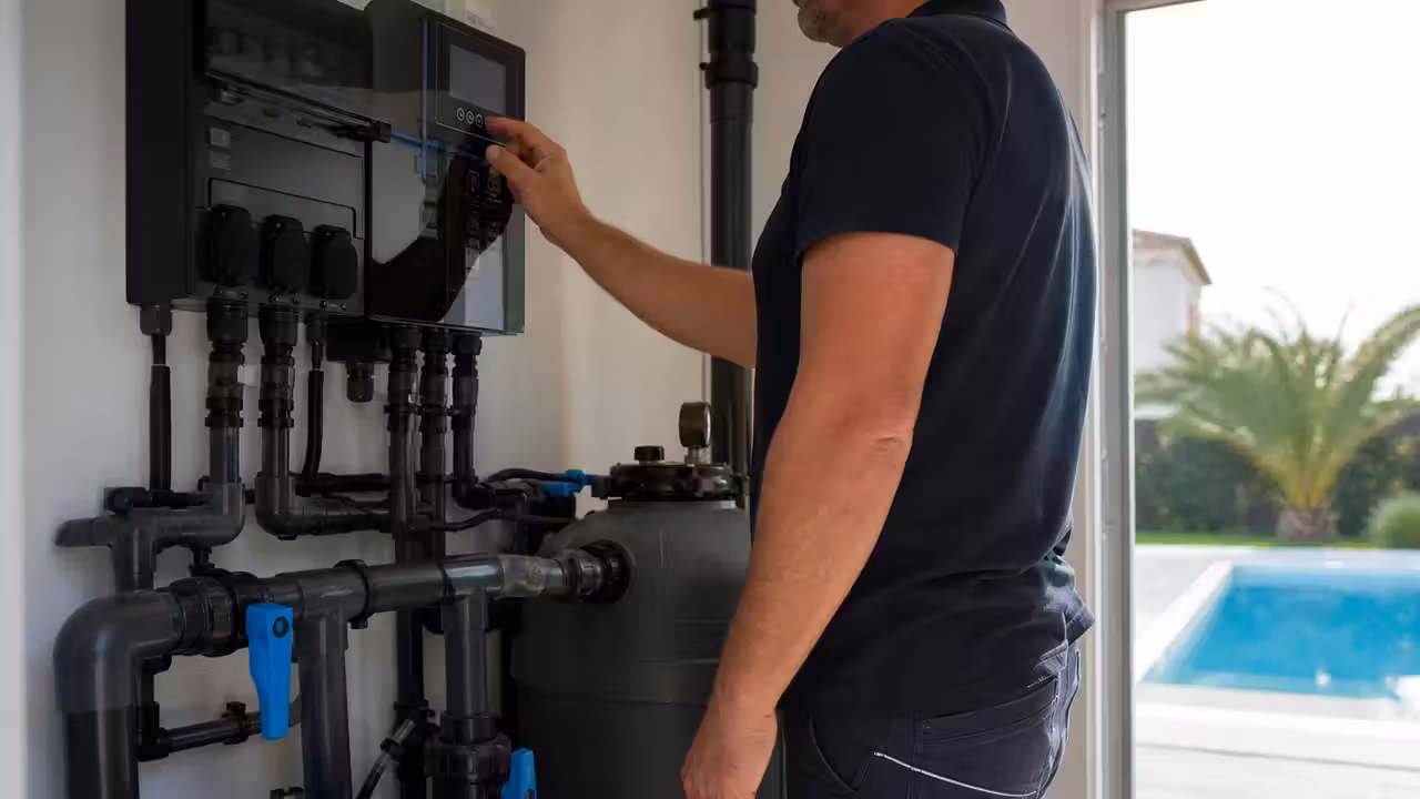 Technicien vérifiant le coffret de commande connecté d’une piscine dans un local technique propre et lumineux